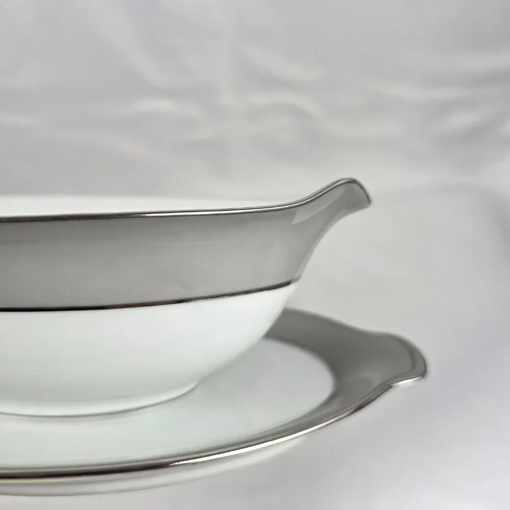 Sango Plantina Gravy Boat with Underplate Gray Band Platinum Trim